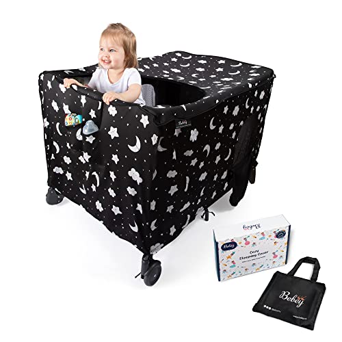 Image of Bebey Pack n Play Blackout Cover - Blocks 97% of Light, Breathable and Stretchy Fabric with 1 Side Pocket, 3 Quick-Access Windows with Zippers - Blocks Light, Easy to Install, Portable, and Anti-climb