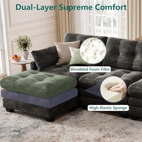 Image of Modular Sectional U Shaped Sofas Couches for Living Room, Tufted Cloud Couch with 2 Movable Ottomans, Comfy Chenille Deep Seat Sofa with Soft Pillows for Bedroom and Apartment, Black