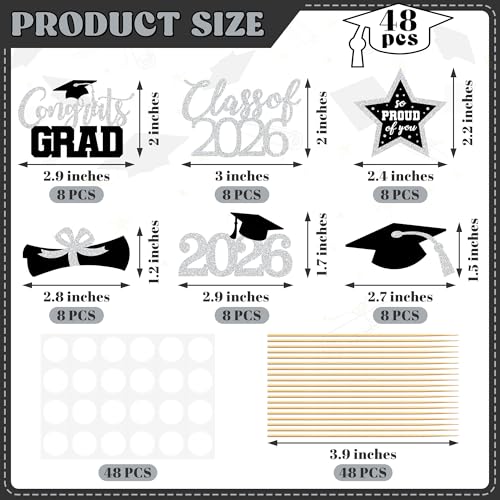 Image of 48 PCS Grad Cupcake Toppers, Congrats Graduation Cake Topper, Class of 2026 Black and Silver Graduation Decor, Glittery Cap and Diploma Cake Picks for Grad Party Decorations Supplies