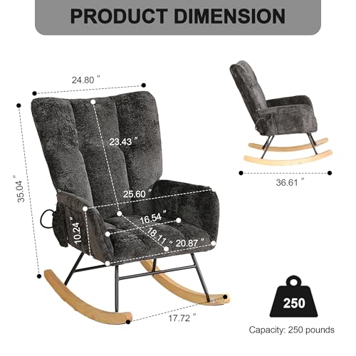 Image of Rocking Chair Nursery with Airbag, Comfy Modern Nursery Rocking Reading Chair Indoor, Cozy Upholstered Glider Rocker Chairs with High Backrest for Living Room Bedroom Offices(Chenille, Black)