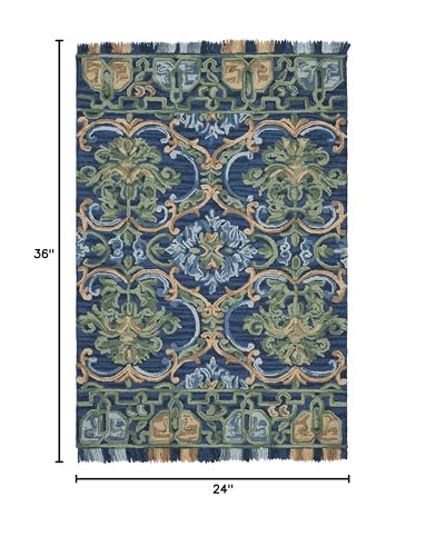 Tapete Boho hecho a mano 2' x 3' Azul Marino y Verde miniatura 2