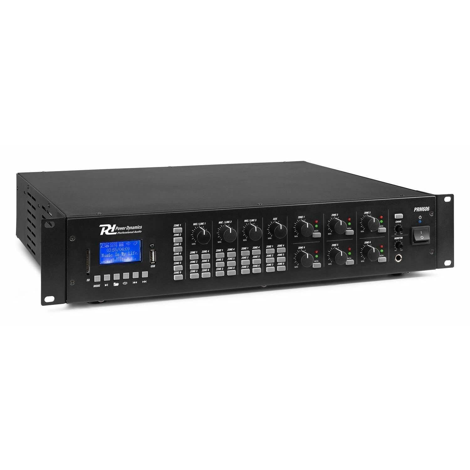 Power Dynamics PRM606 - Amplificateur Matriciel avec 6 Canaux 100 V 6x60W, Lecteur MP3/USB/SD, Technologie Bluetooth, Prises 6,35mm, Idéal pour l'Installation dans Un Bureau ou Magasin