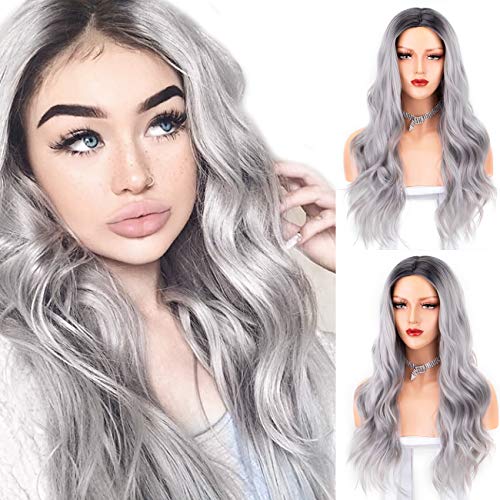 Persephone 2021 Long Grey Synthetic Wig Wavy Glueless Gray Ombre Wigs for Women 2 Tones Heat Resistant Hair with Middle Parting 22 Inches
