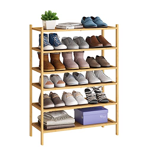 BMOSU 6-Tier Bamboo Shoe Rack Premium Stackable Shoe shelf Storage Organizer For Hallway Closet Living Room Entryway Organizer(Natural)