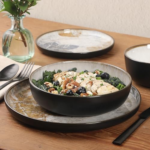 Image of Gibson Elite Chantilly Hill 16-Piece Porcelain Dinnerware Set, Round Plates & Bowls, Multicolor Leaf Design, Microwave & Dishwasher Safe, Service for 4