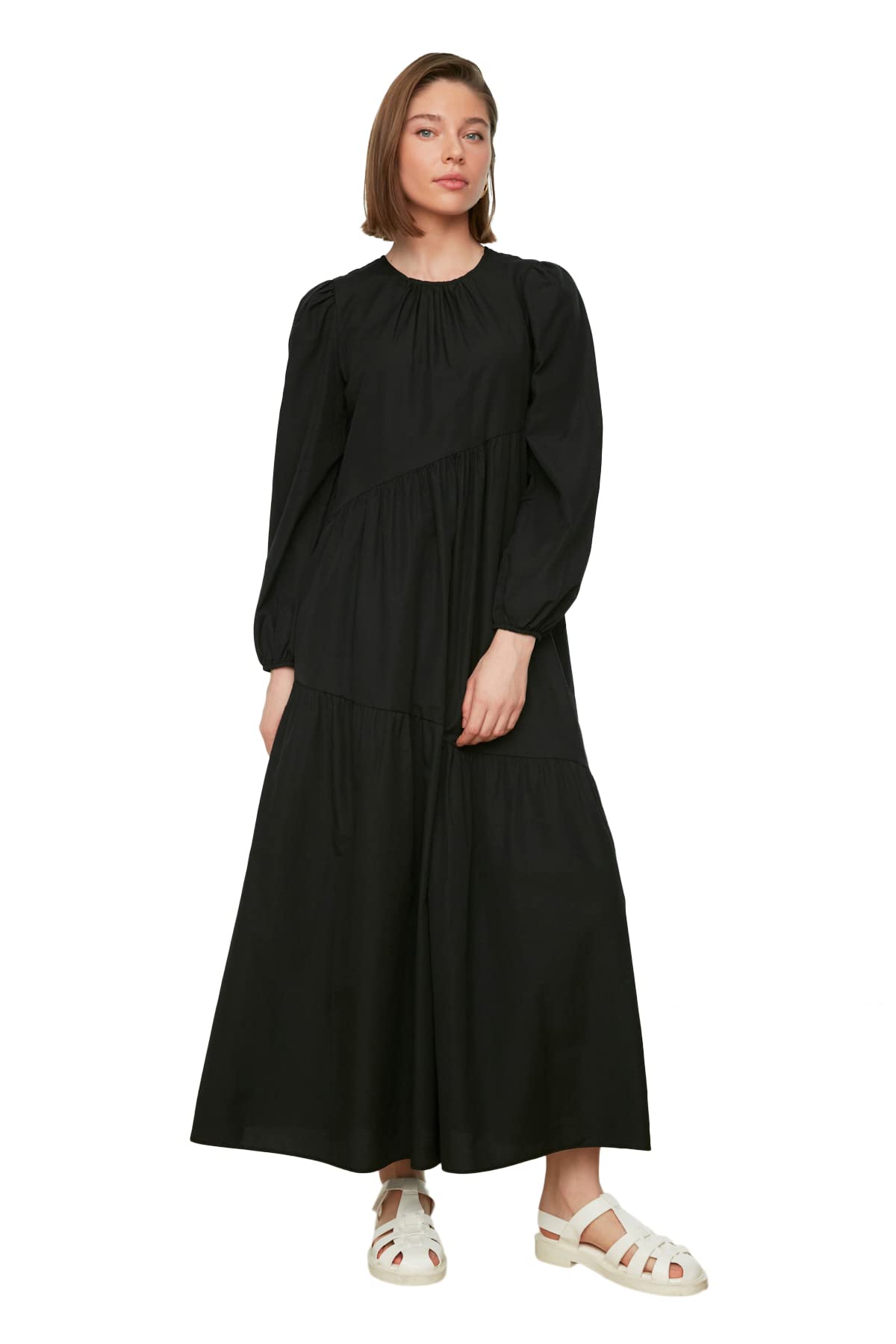 Trendyol Modest Damen Schwarz Schwarzes, Gewebtes Baumwollkleid Mit Weiter Passform Und Raffung Für - One Size