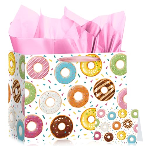 Donut Gift Bag for Birthday Donut Party Sweet Donut Gift Wrapping Bag with Card and Tissue Paper White Donut Ice Cream Goodie Bags Doughnut Paper Bag for Christmas Boys Girls Birthday Party Supplies