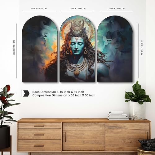 Image of SAF Lord Shiva Wall Art 3 Panel Set | Tranquil Mahadev Painting on MDF Board | Spiritual Wall Hanging for Living Room Bedroom Temple Office Home Decor (30 x 50 Inch) RPNL-67