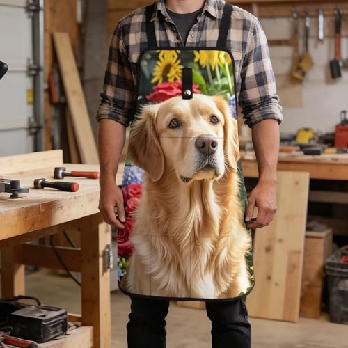 Delantal de trabajo con Golden Retriever y flores miniatura 5