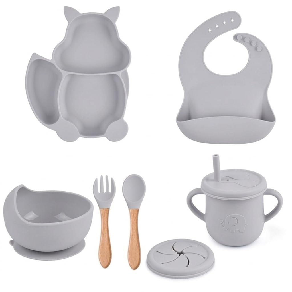 Recluse Baby Feeding Set Silicone 6 PCS – Complete Toddler Feeding Kit with Suction Bowl, Section Plate, Soft Adjustable Bib, Baby Spoon & Fork, Spill Resistant Straw Cup – Self Feeding Set (Grey)-image-24