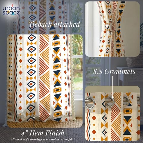 Image of Urban Space Abstract Boho Decorative Curtain for Window, 100% Cotton Curtain 5 Feet Long, 1piece Curtain with Tassels, 60-65% Room Darkening with Tieback and Eyelets (Boho Multi Orange, 5 Feet)