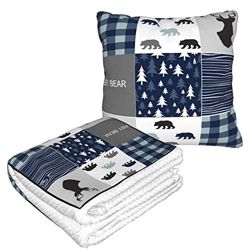 Pillow Blanket 2 In 1 Retro Rustic Lodge Bear Moose Deer Blanket Lightweight Plush Bed Throw Convertible Fleece Blanket Soft Travel Neck Pillow Sofa