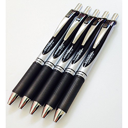 5x PENTEL BL77 ENERGEL RETRACTABLE ROLLER BALL PENS. BLACK INK. 0.7mm METAL TIP. RUBBER GRIP. BL77-A x5