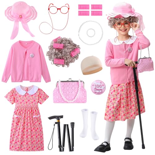 ZelJoyla 100 Days of School Old Lady Costume for Girls 13 pcs Granny Dress Up Cosplay Set for Girls-120