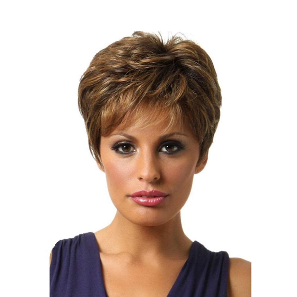 NICEXIONGDEIsixShort Curly Hair Bob Wig Brown With Blonde Highlights Hair With Obique Bangs For Women Fashion (Color : Brown)