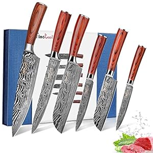 Kitchen Knife Sets, Professional Chef Knives Set Japanese 7Cr17mov High Carbon Stainless Steel Vegetable Meat Cooking Knife Accessories with Red Solid Wood Handle, 6 Pieces Set Boxed Knife