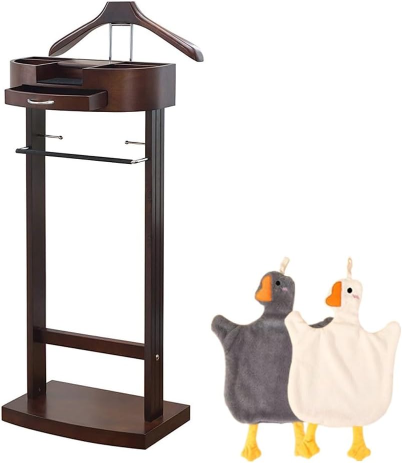 Premium Wooden Valet Stand for Men & Women, Solid Wood Suit Hanger & Free Standing Coat Rack, Stylish Brown Organizer, 43.1 X 34.2 X 106.6 Cm - Perfect for Home & Office,