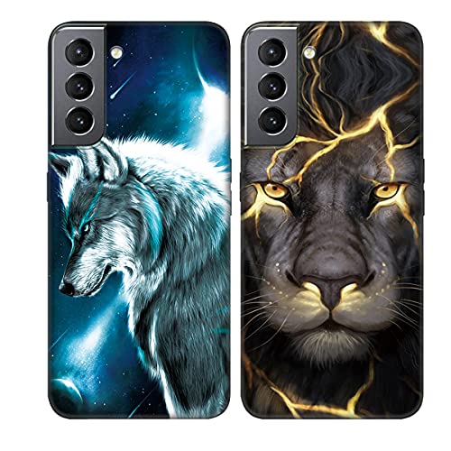 DiaryTown 2 Pack für Samsung S21 FE 5G Hülle, Ultra Dünn Silikon Bumper Schutzhülle Stoßfest mit Muster Motiv Schwarz Handyhüllen Weich TPU Cover für Galaxy S21 FE 5G - Wolf & Löwe Cover