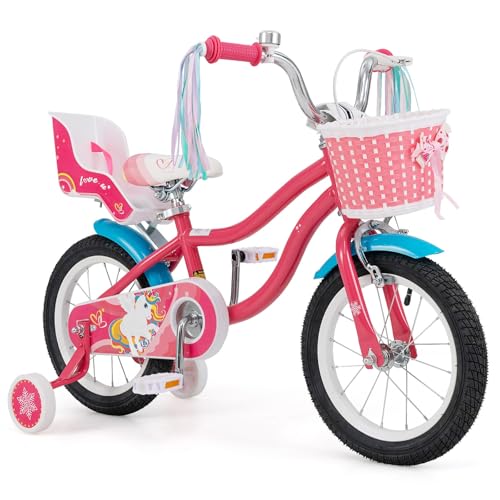Image of BABY JOY Girls Bike with Streamers & Doll-Seat, Kids Bike for 3-8 Years Old | 12 14 16 18 20 Inch Children Bicycle w /Detachable Training Wheels or Kickstand, Storage Basket, Adjustable Seat and Handlebar