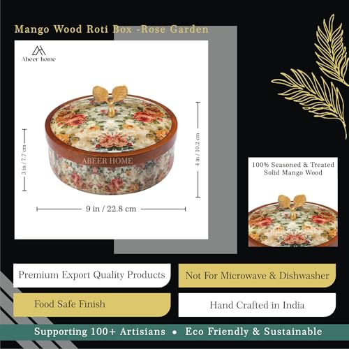 Image of Handcrafted Premium Wooden Roti Casserole, Roti box, Chapati Box, Hotpot roti box, Roti Dabba, Wooden Roti box with Gold Embossed Butterfly Knob(9x9x4 Inch)