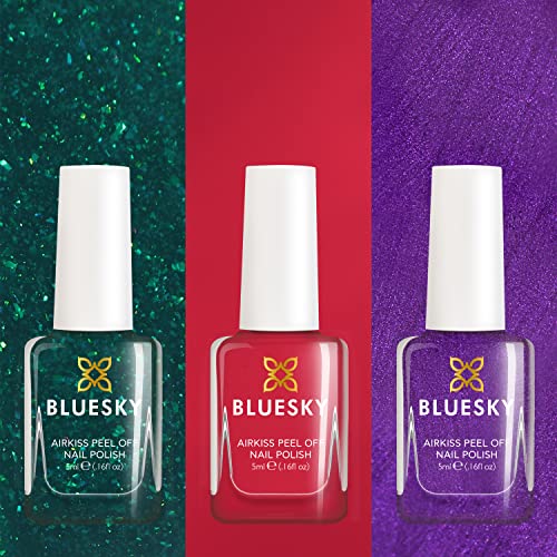 Image of BLUESKY Kids Peel Off Glossy Finish Nail Varnish Set | Red, Green, Purple | Easy Peel-Off, Non-Toxic, Water- Based, Odour-Free Nail Polish For Kids, Gift Set 3 X 5Ml With Stickers