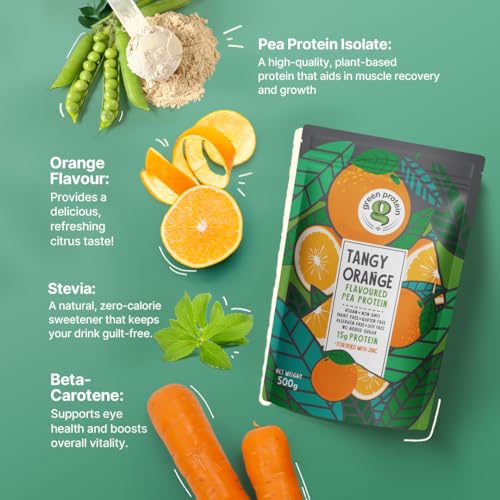 Image of GREEN PROTEIN Plant Protein Isolate Powder, Plant Protein, No Added Sugar, 100% Soy Free, Dairy Free, Gluten Free, Allergen Free, Tangy Orange Flavor, 15g Protein Per Serving, Pouch (500g)