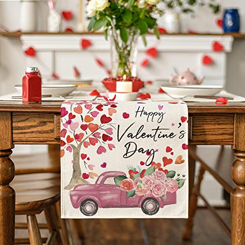 Artoid-Mode-Heart-Tree-Truck-Rose-Balloon-Happy-Valentines-Day-Table-Runner-Seasonal-Anniversary-Wedding-Holiday-Kitchen-Dining-Table-Decoration-for-Indoor-Outdoor-Home-Party-Decor-13-x-72-Inch