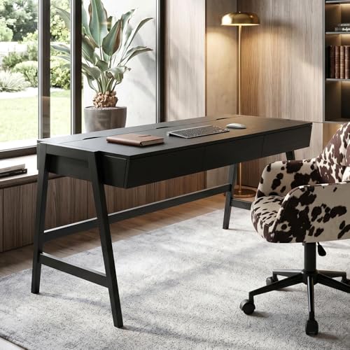 Image of HNY 59 Inches Black Wooden Writing Desk with 3 Drawers, Computer Study Table with MDF Top, Solid Rubberwood Legs and Hidden Cable Management Holes, Corner Makeup Vanity Desk for Home Office, Bedroom