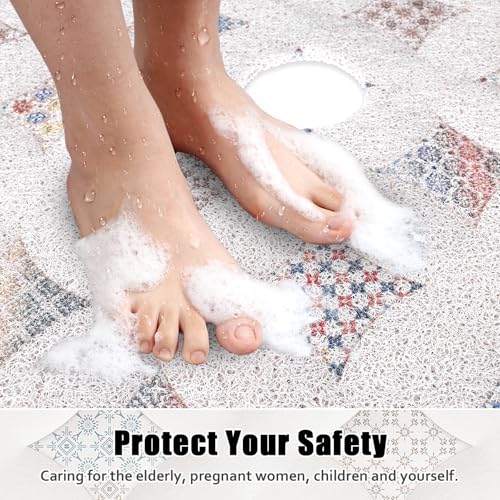 Image of Square Shower Mat Non Slip: 31x31 Inch Extra Large Shower Floor Mat with Drain Hole in Middle - Soft PVC Loofah Bath Mat for Shower - Anti Slip Shower Stall Mat for Elderly and Kids