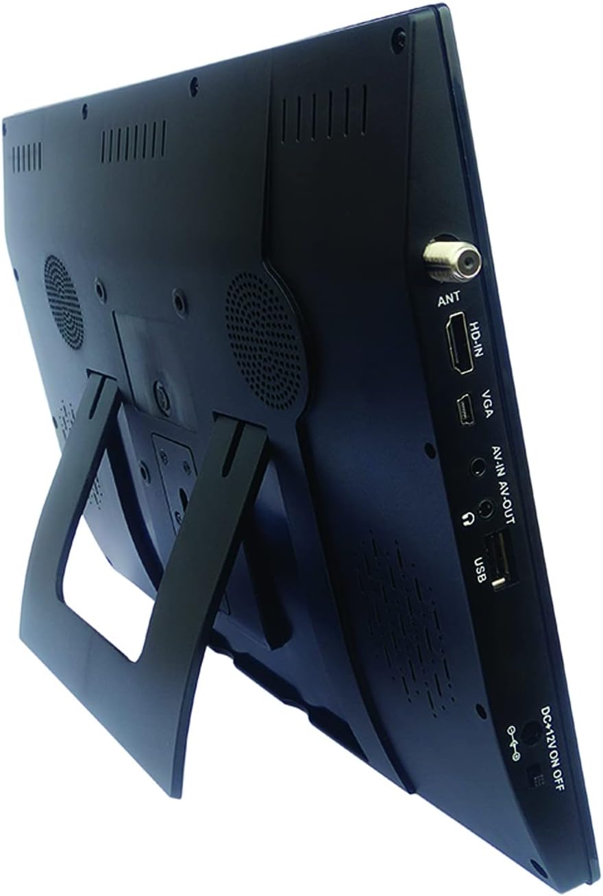 വശം view of the Naxa NT-1400 Portable TV with its integrated kickstand extended.