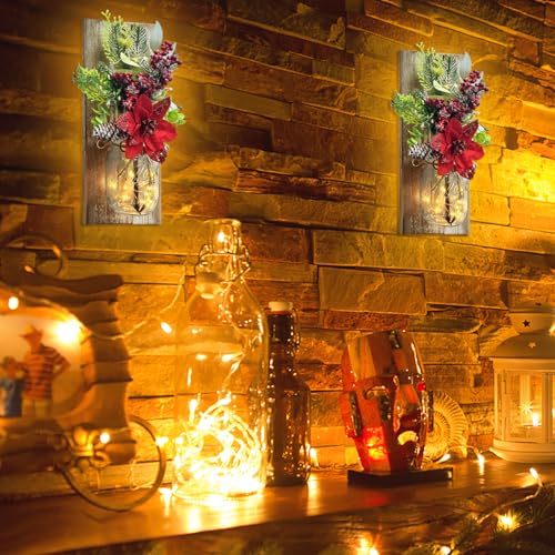 Image of Mason Jars Sconce Decor Rustic Wall Sconces Handmade Wall Art Hanging Design with Remote Control LED Fairy Lights and Red Berry, Xmas Farmhouse Wall Home Decor Living Room Lights Set of Two