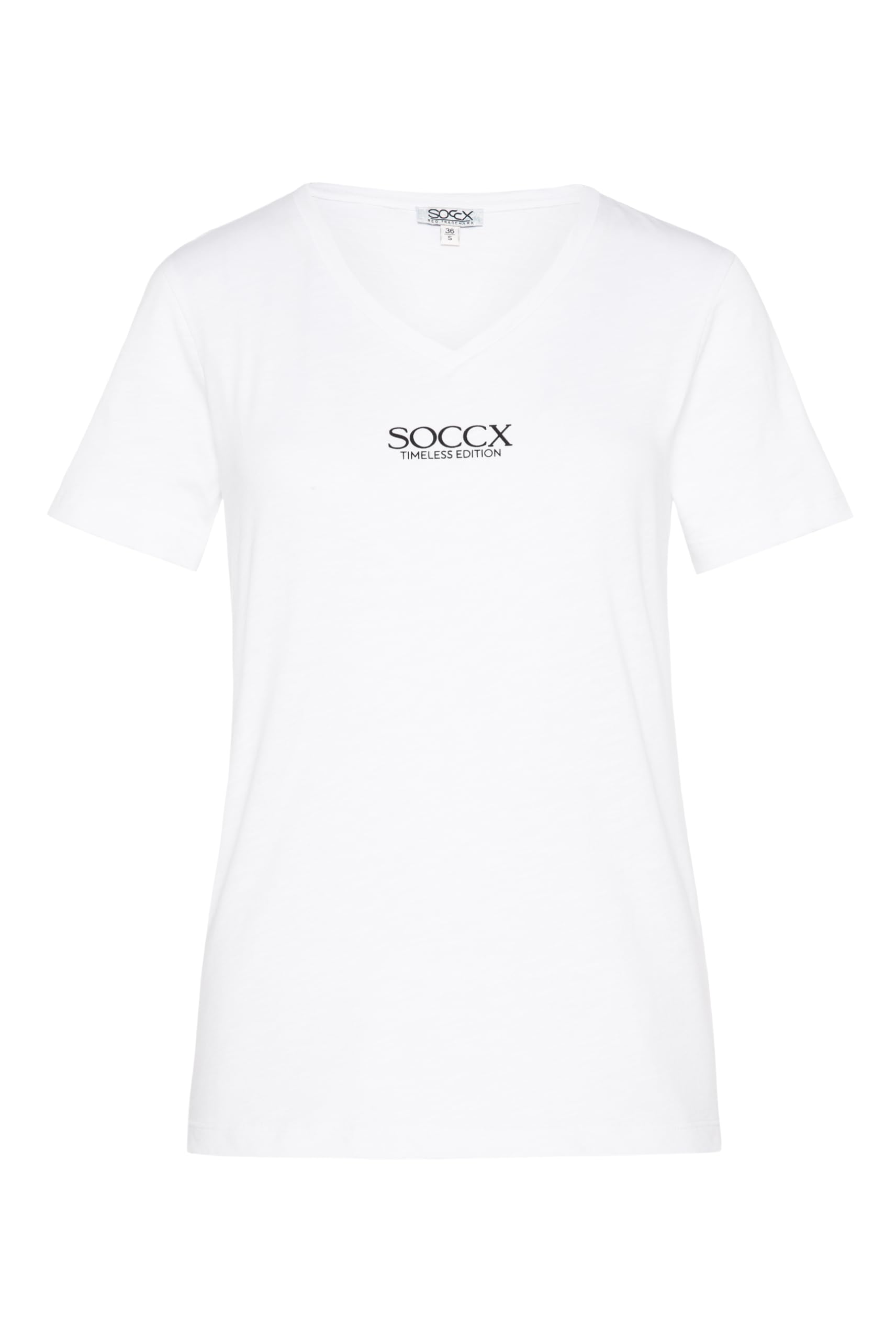 SOCCX Damen Basic T-Shirt mit V-Ausschnitt 100% Baumwolle Kurzarm Logo Print Oberteil