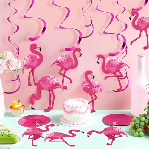 Image of Faccito 52 Pcs Flamingo Party Hanging Swirl Decorations Hawaii Luau Pink Flamingo Ceiling Streamers Summer Hawaiian Foil Hanging Swirls Decor for Aloha Beach Luau Birthday Party Supplies