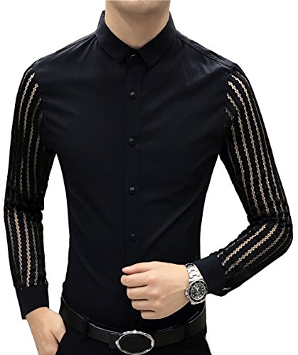 OUYE Men's Slim Fit Long Sleeve Casual Shirt XX-Large Black Striped Sleeve