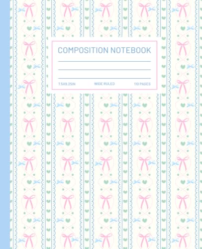 Blue Pink Coquette Composition Notebook: Cute Girly Aesthetic Kawaii Bows with Hearts Wide Ruled Journal | Preppy School Supplies for Girls, Teens, Women | 7.5x9.25", 110 Pages. image 2