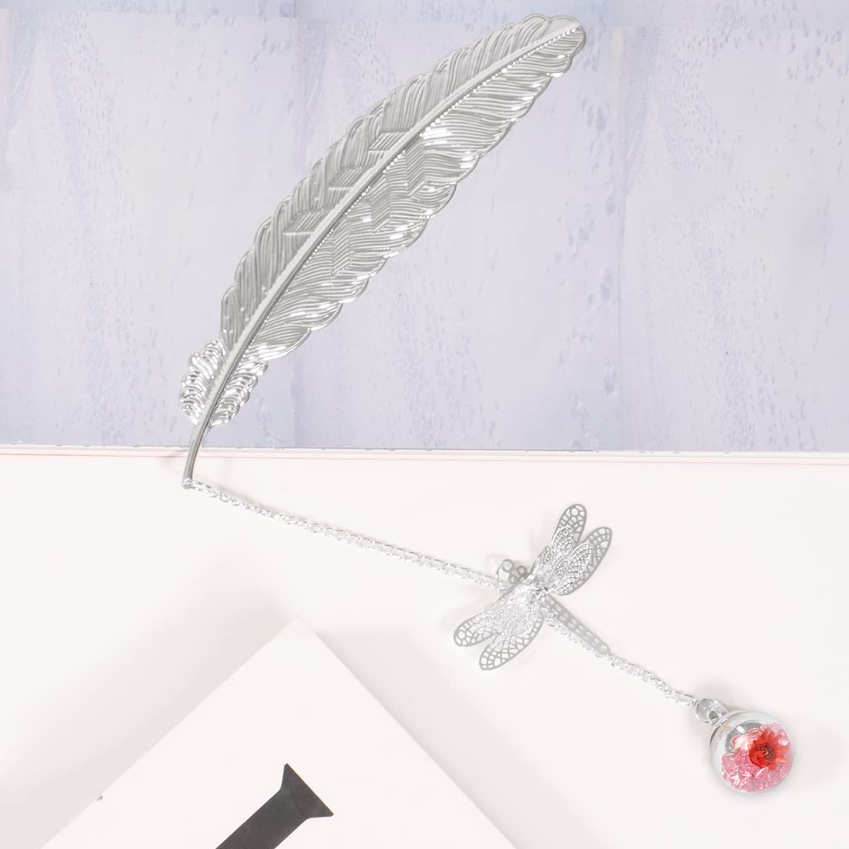Nwvuop Metal Feather Bookmark with 3D Dragonfly Pendant, Silver Feather Pink Ball, Silver Feather Pink Ball(Red) - Image 4