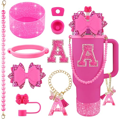 Hpebl 9PCS Hot Pink for Stanley Cup Accessories Set Bling Initials Bow Charms for Stanley Decorations 30/40 Oz Tumbler Accessories Including Bow Straw Topper, Handle Strap, Spill Stopper（Letter A） - image 1