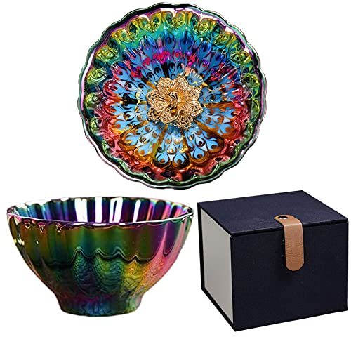 PEWRESLORS Beautiful Colorful Glaze Ceramic Tenmoku Tea Cup Handmade JianZhan Chinese Teaism Kungfu Tea Cup Tea Set with Gift Box(Gold Peacock)