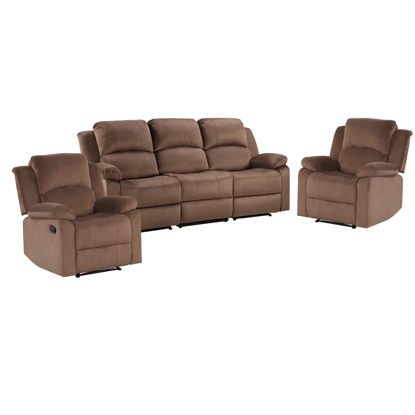 EBELLO Manual Recliner Sofa Set, Modern Microfiber Reclining Couch Furniture Set for Living Room, Includes 2 Recliner Chair and 1 3-Seater Reclining Couch for Home Theater and Office, Brown view 9