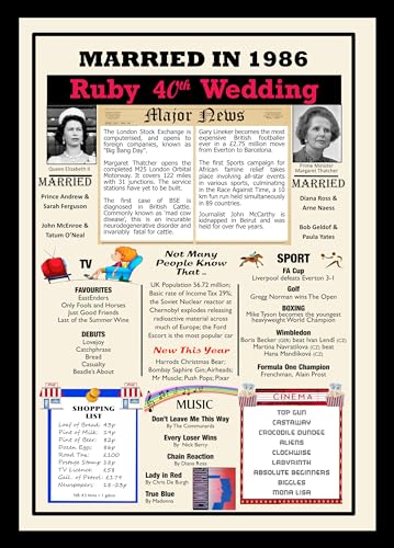 1986 40th Ruby Wedding Anniversary Married in 1986 A4 Framed Poster 40 Years Ago Facts & Trivia Print Unique Keepsake for Couples Parents & Grandparents