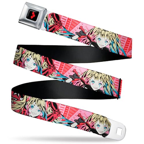 DC Comics Belt, Seatbelt Buckle Belt, Harley Quinn Puddin Poses Anime Graphics Pink Red, Youth 20 to 36 Inches