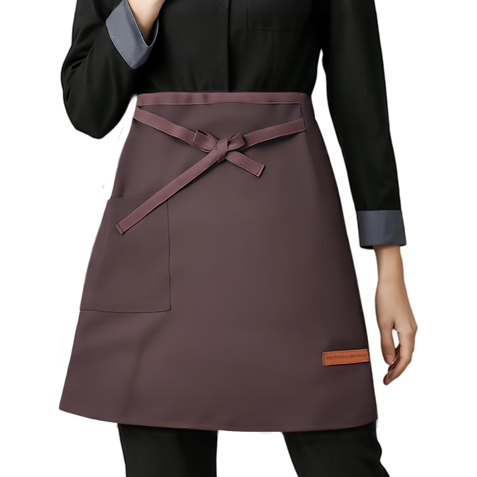 Qingzy Unisex Brown Waist Apron Short Pinny Apron With Pocket, Waterproof Kitchen Half A-Pron, Half Waist Work Apron For Waiter Waitress, Catering Serving Half Apron, Chef Barista Bartender Barber A Pron (Brown)