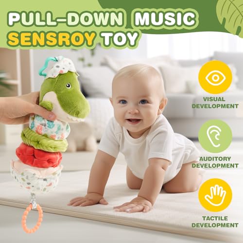 Image of Jollybaby Baby Musical Pull String Hanging Toy for Stroller Car Seat Crib Play Gym, Plush Stuffed Dinasour Toy for Carseat with Music Teether Crinkle Paper, Sensory Toy for 0-6-12-18 Months Baby Gift