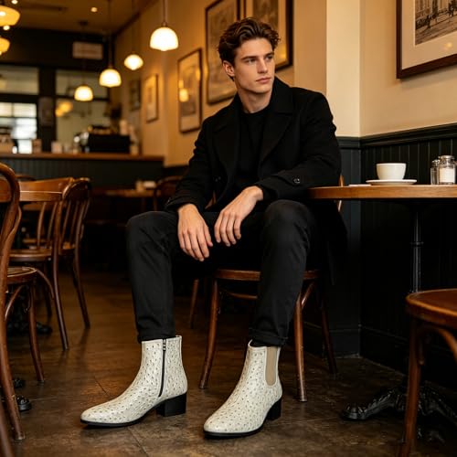 Image of Men'S Classic Leather Chunky Heel Chelsea Boots With Side Zipper Fashion Pointed Toe Elastic Band High Top Block High Heel Formal Chukka Booties For Casual Business Party Wedding