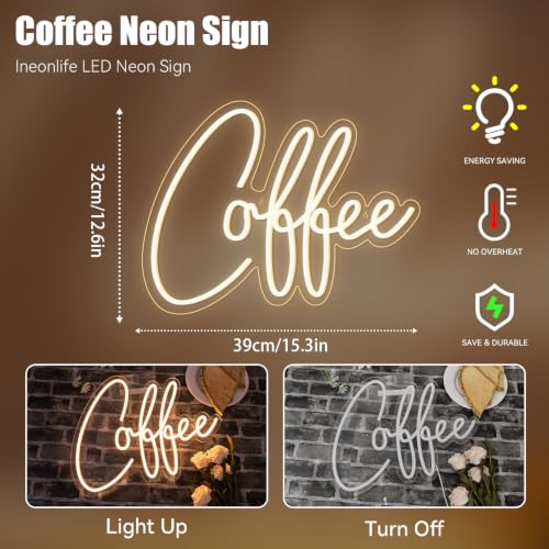 Image of Ineonlife Coffee Neon Sign, Coffee Bar Sign for Wall Decor, Led Neon Light Up Signs for Cafe Shop Station Kitchen Corner Club Store Window Decor Party Gifts (15.9 inchx11.8 inch)