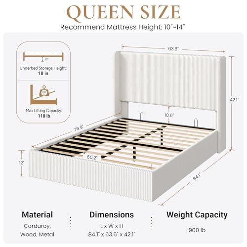 Image of SHA CERLIN Queen Lift Up Storage Bed Frame, Upholstered Corduroy, White