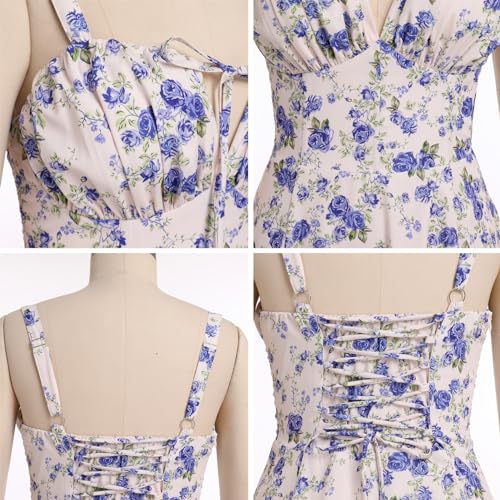 Image of Women Floral Corset Dress 2026 Boho Midi Sundress Summer Dress | Flowy A-Line Dress with Adjustable Spaghetti Straps Lace Up Back Front Slit High Waist for Vacation Wedding Guest