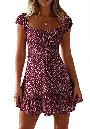 Image of Valphsio Womens Smocked Dress Ruffle Floral Tie Front Boho Short Dresses