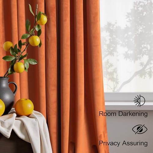 Image of Burnt Orange Velvet Curtains 96 Inches Long for Bedroom 2 Panels Back Tab Luxury Textured Light Blocking Soundproof Autumn Drapes Rust Terracotta Living Room Darkening Curtains Boho Modern Farmhouse