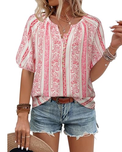 Unixseque Womens Tops Dressy Casual: Beach Vacation Clothes Womens V Neck Short Sleeve Shirt - Vacation Outfits for Women - Plus Size Tops Hawaiian Bohemian Peasant Blouses Loose Fit Red Stripe